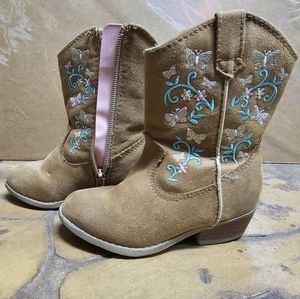 Magellan Outdoors Tan Kids Cowboy Boots with Pink and Teal Embroidery